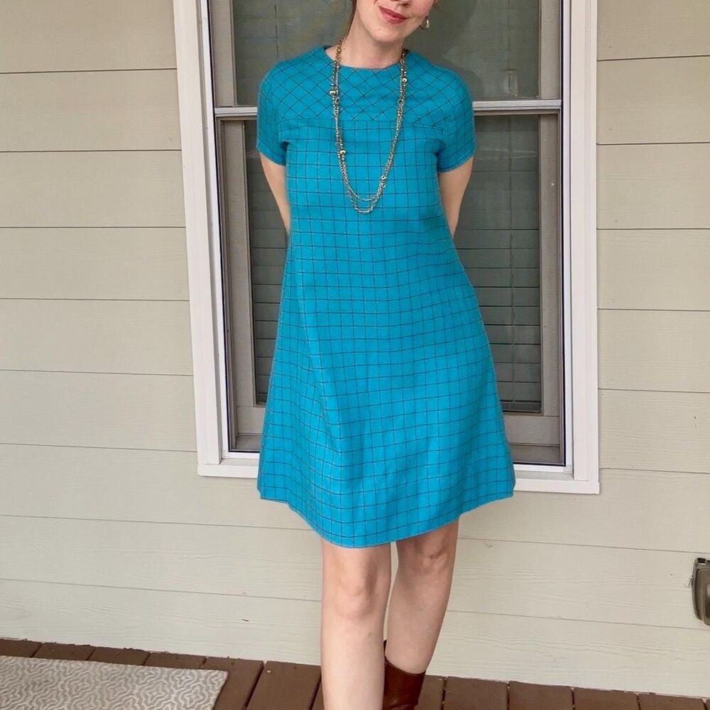 Vintage 60s Turquoise Handmade Mod Go-Go Dress Windowpane plaid Shift Small